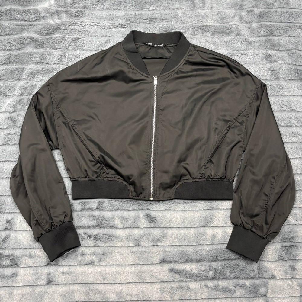 Zara Womens Black Cropped Bomber Jacket Full Zip Ribbed Trim Size M 8798